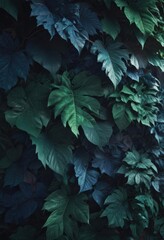 Deep emerald and indigo leaves, dramatic shadows, dense pattern  , tropical, backdrop