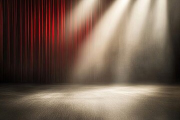 Empty stage lit by spotlights behind crimson velvet curtains.  Misty, textured floor