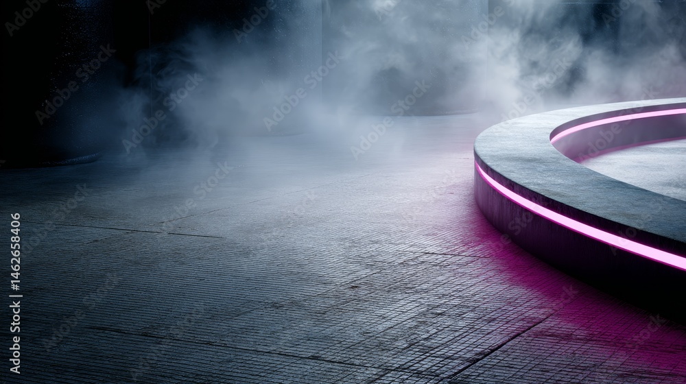 Poster glowing purple circular stage illuminates a textured black floor, shrouded in mist, evoking a myster