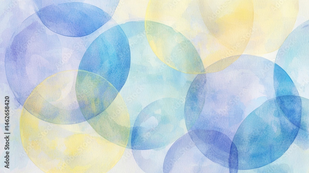Poster soft pastel circles in blue and yellow overlap to form a calming abstract design, enhancing the vibe