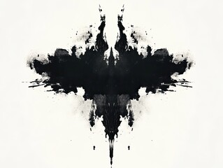 Symmetrical ink blot design on white background.  Dark ink forms a symmetrical, bird-like shape, with splatter details
