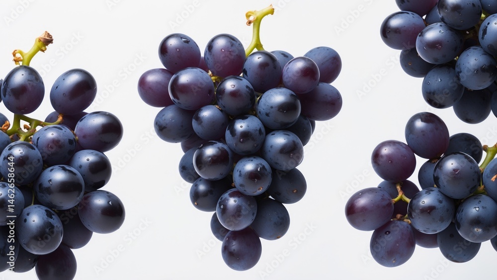 Poster white background featuring isolated black wine grape with clipping path
