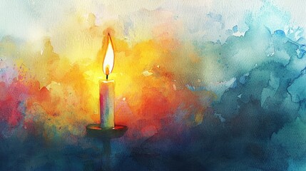 A single candle burns brightly, casting a warm glow against a vibrant, abstract watercolor background. The colors blend seamlessly, creating a peaceful atmosphere