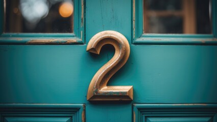 Old-style house number two with metal number on wooden entrance door