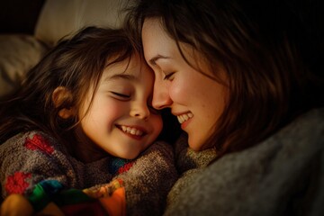 Warm embrace between mother and daughter at home.