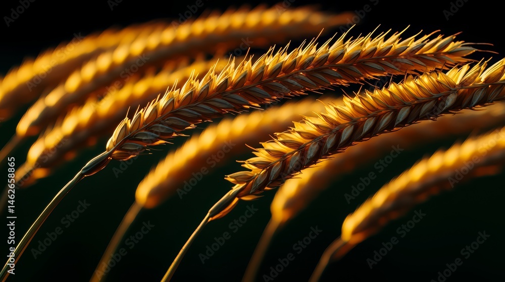 Poster Close up of a bunch of golden wheat stalks. The stalks are arranged in a row, with some of them overlapping each other