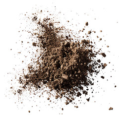 Flying dry soil particles explosion, isolated on a white background