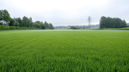 Fototapeta premium Vast Rice Paddy Field Distant Trees Naturalistic Style High-resolution Soft Lighting Wide Angle View Lush Green Texture Peaceful Serenity Rural Landscape Serene Greens Agricultural Stock Photography