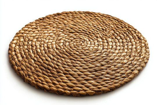 Round woven placemat made from natural jue jue, set on a wooden table with vibrant green leaf pattern in the background.