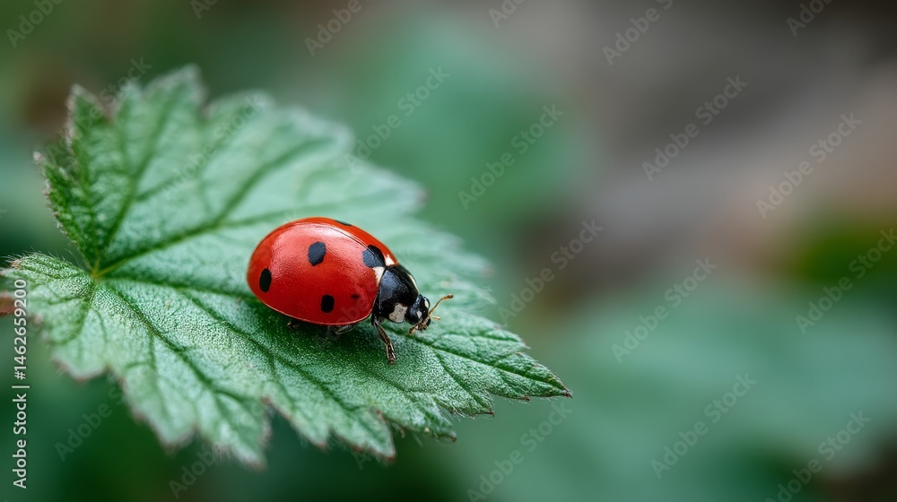 Poster a striking red ladybug sits on the edge of a green leaf, illuminated by soft natural light that high