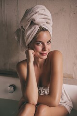 A relaxed woman in a bath smiles, with a towel wrapped around her head, looking serene.