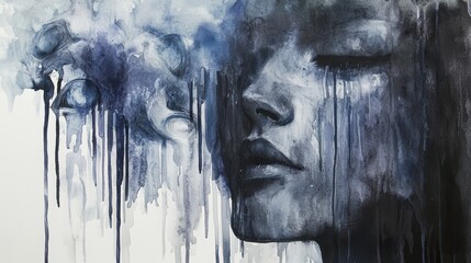 A close-up portrait features a woman with closed eyes, blending hues of blue and black. Abstract shapes and dripping paint convey deep emotion and contemplation, creating a haunting visual