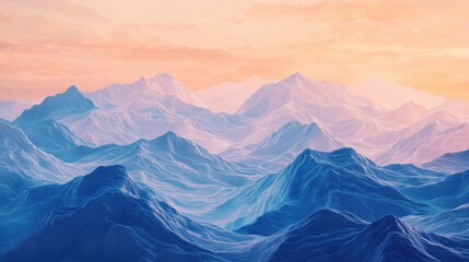 Dramatic mountain range views are present under a sunset sky, showcasing soft pastel colors that illuminate the peaks and valleys. The serene atmosphere invites tranquility
