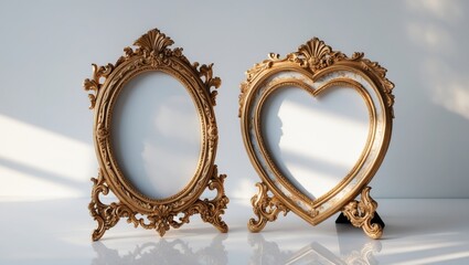 Set of two antique baroque desktop picture frames, one oval and one heart-shaped, with paths for adding your own images.