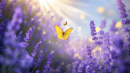 Lavender floral background with butterflies in a sunny outdoor landscape