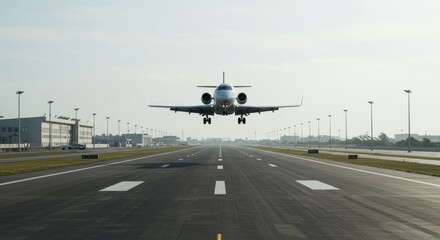 Airplane Landing on Runway - A airplane is making a smooth landing on a runway at an airport. The shows the plane approaching the ground