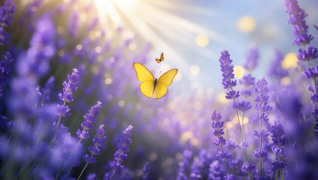 Lavender floral background with butterflies in a sunny outdoor landscape
