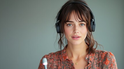 Confident young woman wearing headphones speaking to camera perfect for podcast promotions, online learning visuals, or communication marketing projects