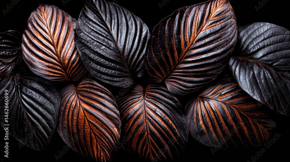 Poster close up of leaves with a brown and orange color. the leaves are arranged in a row and are overlappi
