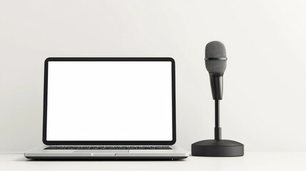 Open laptop and standing microphone on white desk perfect for podcast visuals, online course marketing, or digital content creator promotions