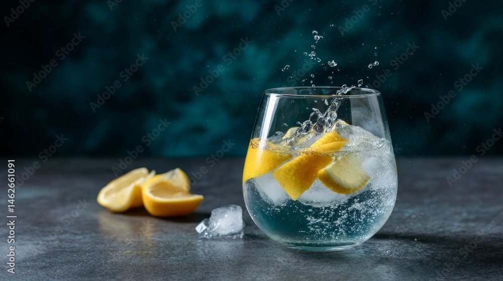 Poster a chilled glass of sparkling water showcases vibrant lemon slices and ice cubes making a splash, set