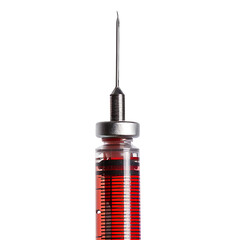 Hypodermic syringe filled with red liquid, isolated on a white background