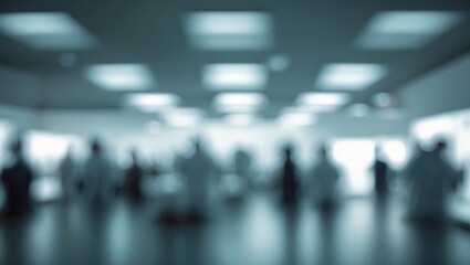 Bokeh-style indoor scene featuring abstract background and a crowd of people