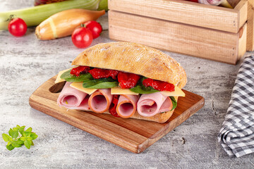 Ciabatta with mortadella, tomato, cheese and spinach