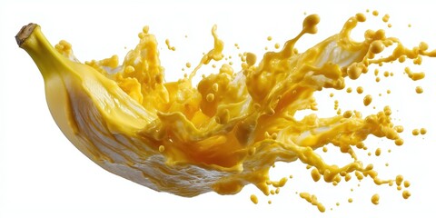 Ripe banana turns into banana juice on white background.