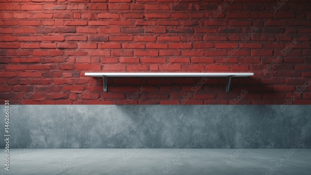 Poster red wall with a white shelf displaying an abstract pattern, designed as a mockup, copy space, wallpa