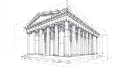 Classical temple architectural sketch line drawing illustration