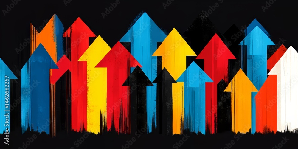 Aufkleber Colorful array of arrows pointing in different directions. Concept of movement and progress, as if the arrows are guiding the viewer towards a goal or destination
