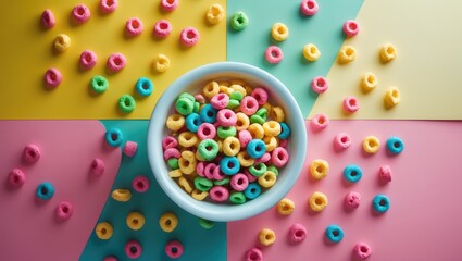 Aerial shot of a bowl of vibrant cereals with some cereal pieces nearby