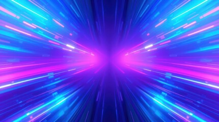 Vibrant neon streaks converge in a symmetrical, dynamic light speed effect