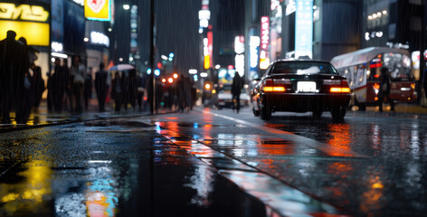 A busy urban street captures the vibrant energy of nighttime life. Raindrops fall as pedestrians navigate the slick surface, illuminated by neon signs and passing vehicles