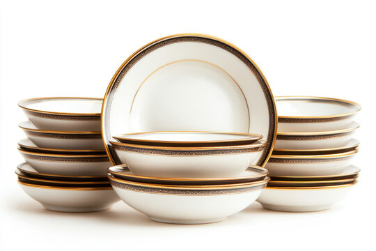 White and gold dinner plates neatly arranged on a dark wooden table, reflecting ambient light in an elegant dining setting.