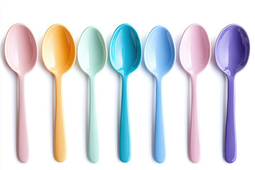 Colorful spoons arranged in a vibrant row, each displaying a unique hue, creating a visually appealing and cheerful display.