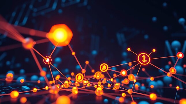 Digital network of glowing cryptocurrency symbols.  Intricate connections and glowing orbs create a complex network