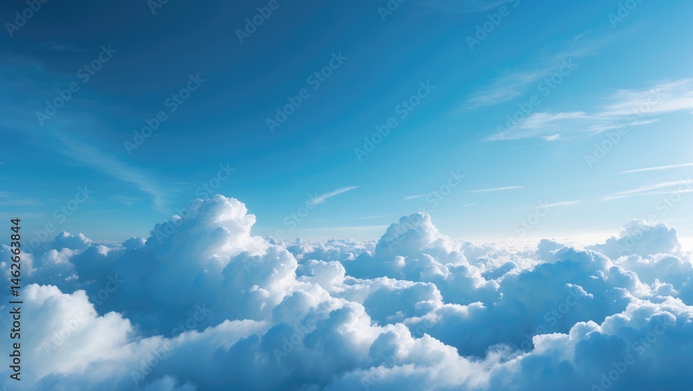 Poster beautiful fluffy clouds floating in a bright blue sky background with ample empty space for your pro