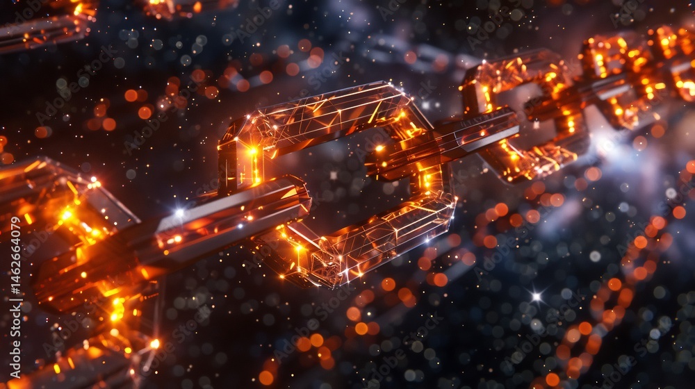 Poster futuristic blockchain network illustration with glowing hexagonal links in cosmic space