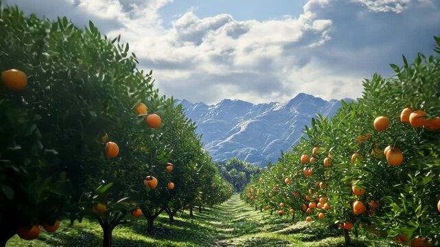 Orchard with orange trees and mountain view