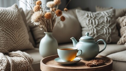 Stylish ceramic teapot and cup arrangement in a modern living room showcasing home decor and comfort