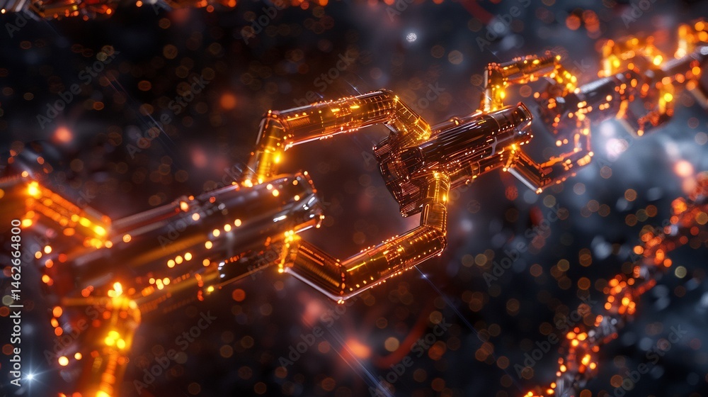 Poster interconnected futuristic blockchain technology concept with glowing elements