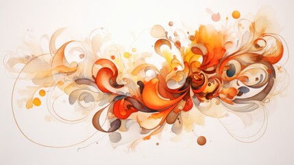 A vibrant and dynamic artwork features swirling patterns in shades of orange, red, and brown. The composition is fluid and energetic, showcasing artistic creativity in a modern setting