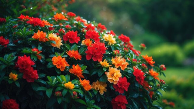 A vibrant floral branch featuring red and orange blossoms set against a lush green scenery, celebrating the season of spring.