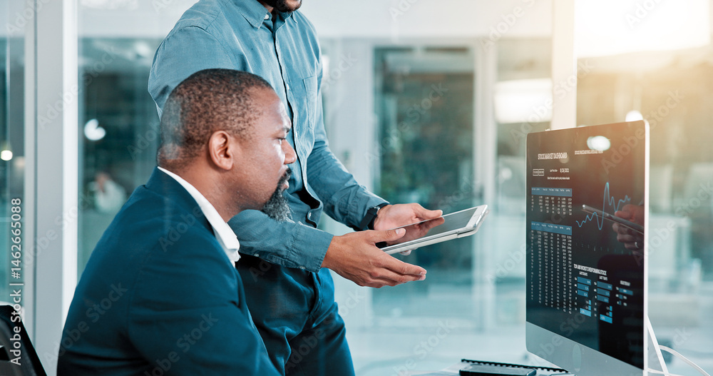 Poster man, trading and computer screen with tablet, finance and review at office with partner for stats. p