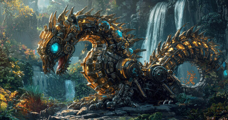 A mechanical dragon made of metal and gears is positioned near a waterfall, surrounded by rich greenery and plants under bright daylight. The dragon features glowing blue eyes