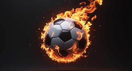 Burning soccer ball racing through a black canvas