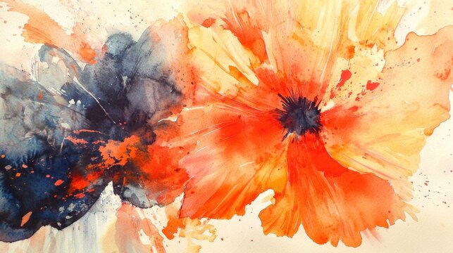 Colors blend beautifully as lively orange and dark blue flowers come to life through watercolor techniques. Splashes and strokes create a sense of movement and vibrancy