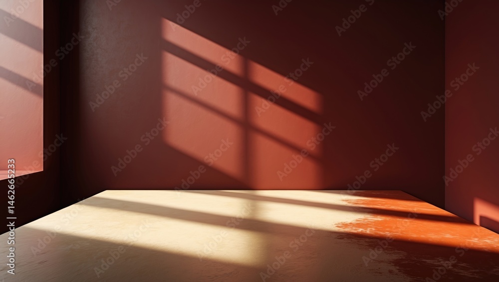 Poster dark red wall setting with window light line and shadow, perfect for presentation mockups of brandin